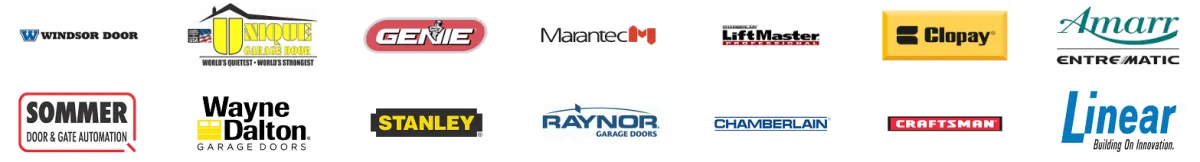 Garage door brands we service: Windsor, Unique, Genie, Marantec, LiftMaster, Clopay, Amarr, Sommer, Wayne Dalton, Stanley, Raynor, Chamberlain, Craftsman, and Linear